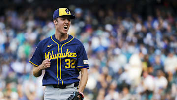 Jul 22, 2025; Seattle, Washington, USA; Milwaukee Brewers starting pitcher Jacob Misiorowski (32) reacts following a strikeout to end the second inning against the Seattle Mariners at T-Mobile Park. Mandatory Credit: Joe Nicholson-Imagn Images