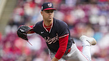 May 4, 2025; Cincinnati, Ohio, USA;  Washington Nationals pitcher MacKenzie Gore (1) throws against the Cincinnati Reds at Great American Ball Park. 
