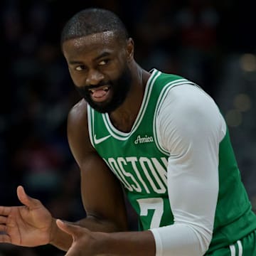 Oct 27, 2025; New Orleans, Louisiana, USA; Boston Celtics guard Jaylen Brown (7) reacts during the first half against the New Orleans Pelicans at Smoothie King Center. Mandatory Credit: Matthew Hinton-Imagn Images