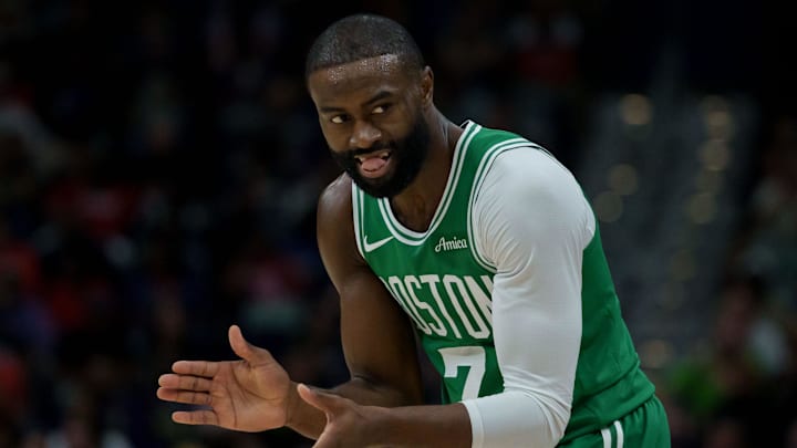Oct 27, 2025; New Orleans, Louisiana, USA; Boston Celtics guard Jaylen Brown (7) reacts during the first half against the New Orleans Pelicans at Smoothie King Center. Mandatory Credit: Matthew Hinton-Imagn Images