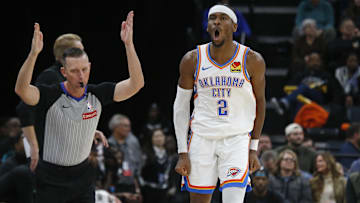 Nov 9, 2025; Memphis, Tennessee, USA; Oklahoma City Thunder guard Shai Gilgeous-Alexander (2) reacts after a three point basket during the fourth quarter against the Memphis Grizzlies at FedExForum. Mandatory Credit: Petre Thomas-Imagn Images