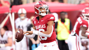Sep 6, 2025; Little Rock, Arkansas, USA; Arkansas Razorbacks quarterback Taylen Green (10) passes in the second quarter against the Arkansas State Red Wolves at War Memorial Stadium. Mandatory Credit: Nelson Chenault-Imagn Images
