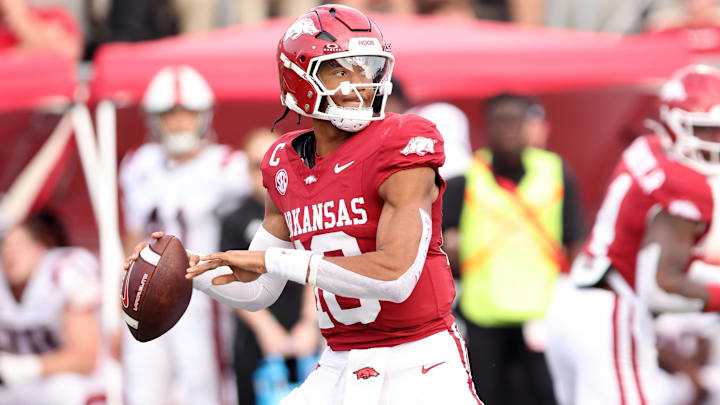 Sep 6, 2025; Little Rock, Arkansas, USA; Arkansas Razorbacks quarterback Taylen Green (10) passes in the second quarter against the Arkansas State Red Wolves at War Memorial Stadium. Mandatory Credit: Nelson Chenault-Imagn Images