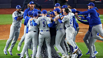 The Los Angeles Dodgers celebrate after beating the New York Yankees in Game 5 to win the World Series.