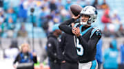 Nov 30, 2025; Charlotte, North Carolina, USA; Carolina Panthers quarterback Bryce Young (9) warms up before the game against the Los Angeles Rams at Bank of America Stadium. Mandatory Credit: Scott Kinser-Imagn Images