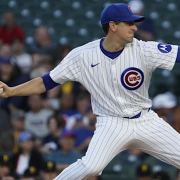 Sep 3, 2024; Chicago, Illinois, USA; Chicago Cubs pitcher Kyle Hendricks (28) throws the ball against the Pittsburgh Pirates during the first inning at Wrigley Field.