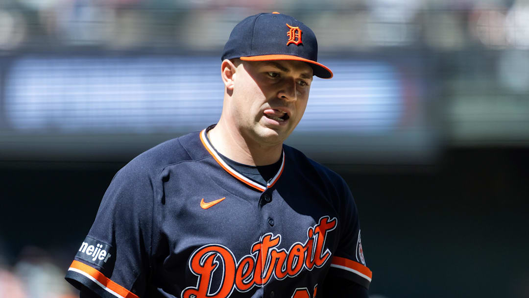 Apr 1, 2026; Phoenix, Arizona, USA; Detroit Tigers pitcher Tarik Skubal reacts against the Arizona Diamondbacks at Chase Field. Mandatory Credit: Mark J. Rebilas-Imagn Images