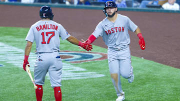 Mar 30, 2025; Arlington, Texas, USA; Boston Red Sox right fielder Wilyer Abreu (52) celebrates with Boston Red Sox shortstop David Hamilton (17) after scoring during the sixth inning against the Texas Rangers at Globe Life Field. Mandatory Credit: Kevin Jairaj-Imagn Images