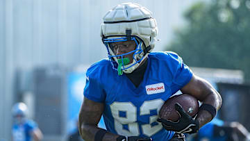 Detroit Lions wide receiver Jackson Meeks (83) practices during training camp at Meijer Performance Center in Allen Park on Thursday, July 24, 2025.