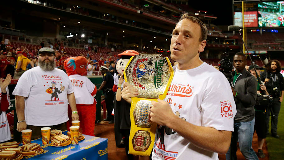 Joey Chestnut and the mustard yellow belt.  | Sam Greene via Imagn Content Services, LLC