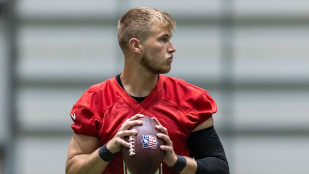May 10, 2025; New Orleans, LA, USA;  New Orleans Saints quarterback Tyler Shough (6) during rookie minicamp at Ochsner Sports