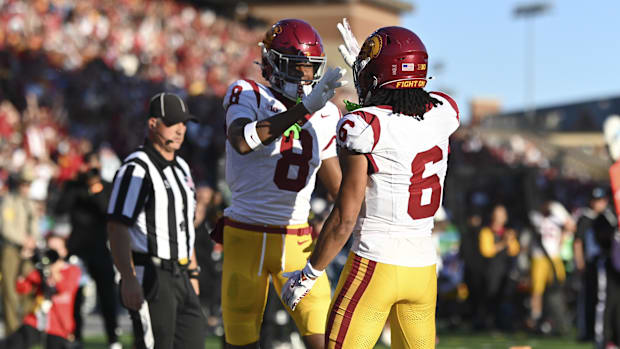 Oct 19, 2024; College Park, Maryland, USA; Southern California Trojans wide receiver Ja'Kobi Lane (8) celebrates with  Trojan