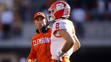 Dec 21, 2024; Austin, Texas, USA; Clemson Tigers head coach Dabo Swinney with quarterback Cade Klubnik (2) against the Texas Longhorns during the first half of the CFP National playoff first round at Darrell K Royal-Texas Memorial Stadium. Mandatory Credit: Mark J. Rebilas-Imagn Images