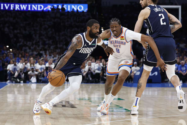 May 7, 2024; Oklahoma City, Oklahoma, USA; Dallas Mavericks guard Kyrie Irving (11) moves around