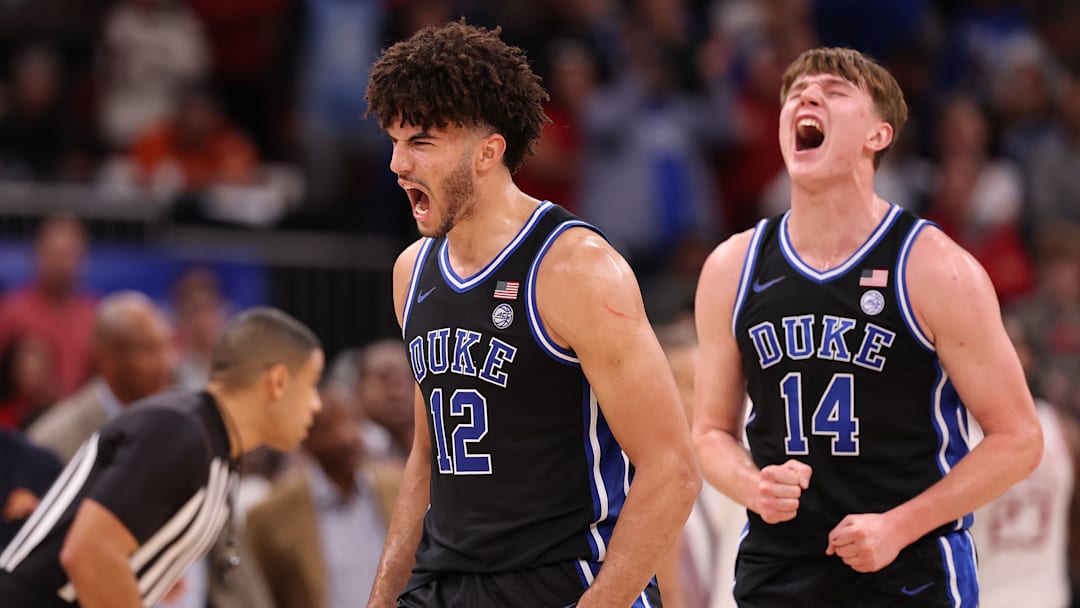 CBS Thanksgiving Classic: Arkansas v Duke; Duke basketball forwards Cameron Boozer and Nikolas Khamenia