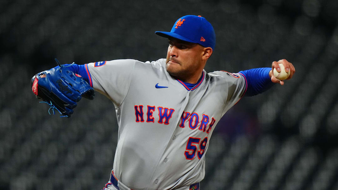May 6, 2026; Denver, Colorado, USA;  New York Mets relief pitcher Sean Manaea (59) delivers a pitch in the ninth inning against the Colorado Rockies at Coors Field. Mandatory Credit: Ron Chenoy-Imagn Images