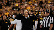 Iowa Hawkeyes head coach Kirk Ferentz is pictured during a college football game against the Penn State Nittany Lions Oct. 18, 2025 at Kinnick Stadium in Iowa City, Iowa.
