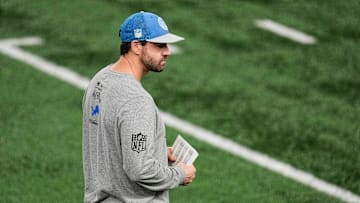 Detroit Lions pass game coordinator Tanner Engstrand watches practice at Meijer Performance Center in Allen Park on Friday, Jan. 3, 2025.