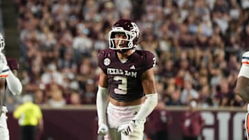 Aug 30, 2025; College Station, Texas, USA; Texas A&M Aggies safety Marcus Ratcliffe (3) celebrates during the second half against the UTSA Roadrunners at Kyle Field. Mandatory Credit: Sean Thomas-Imagn Images