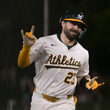 Aug 11, 2025; West Sacramento, California, USA; Athletics catcher Shea Langeliers (23) rounds the bases after hitting a home run against the Tampa Bay Rays during the fifth inning at Sutter Health Park. Mandatory Credit: Ed Szczepanski-Imagn Images