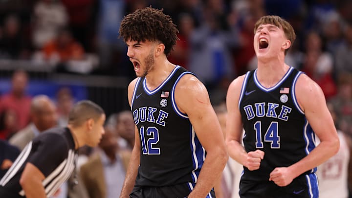 CBS Thanksgiving Classic: Arkansas v Duke; Duke basketball forwards Cameron Boozer and Nikolas Khamenia