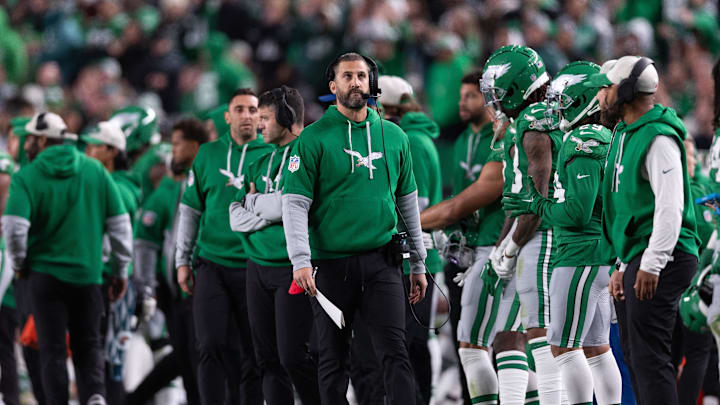 Nov 3, 2024; Philadelphia, Pennsylvania, USA; Philadelphia Eagles head coach Nick Sirianni looks on during the fourth quarter against the Jacksonville Jaguars at Lincoln Financial Field. Mandatory Credit: Bill Streicher-Imagn Images