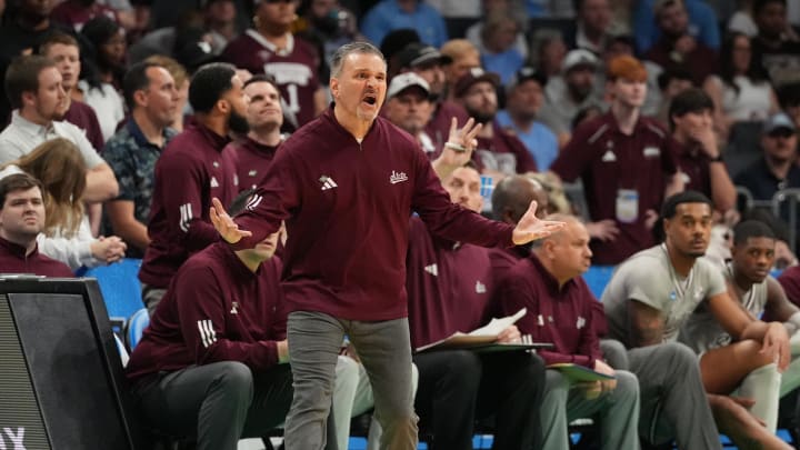 March 21, 2024, Charlotte, NC, USA; Mississippi State Bulldogs head coach Chris Jans reacts against the Michigan State Spartans  in the first round of the 2024 NCAA Tournament at the Spectrum Center. Mandatory Credit: Jim Dedmon-USA TODAY Sports