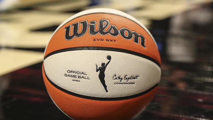 Aug 23, 2022; Brooklyn, New York, USA; A detail view of a basketball on the court prior to game three of the first round between the New York Liberty and the Chicago Sky at Barclays Center. Mandatory Credit: Wendell Cruz-Imagn Images