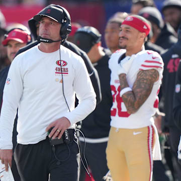 Nov 2, 2025; East Rutherford, New Jersey, USA; San Francisco 49ers head coach Kyle Shanahan looks on from the sidelines against the New York Giants during the first half at MetLife Stadium. Mandatory Credit: Robert Deutsch-Imagn Images