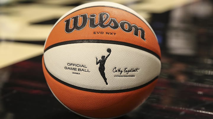Aug 23, 2022; Brooklyn, New York, USA; A detail view of a basketball on the court prior to game three of the first round between the New York Liberty and the Chicago Sky at Barclays Center. Mandatory Credit: Wendell Cruz-Imagn Images