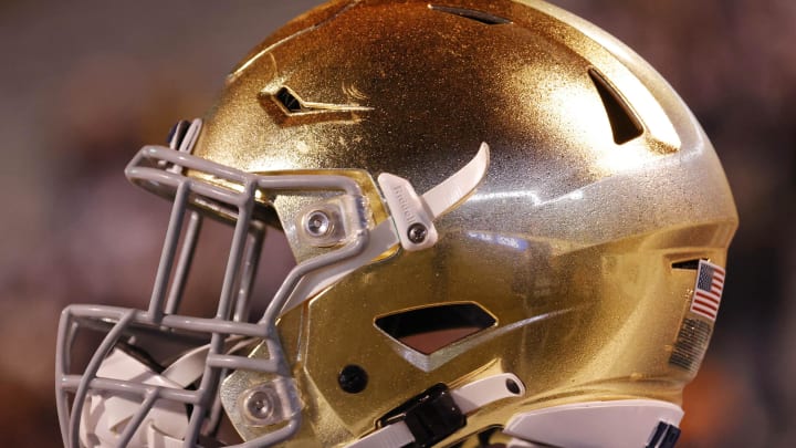 Nov 13, 2021; Charlottesville, Virginia, USA; A view of a Notre Dame Fighting Irish player's helmet on the sidelines against the Virginia Cavaliers at Scott Stadium. 