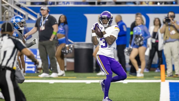 Jan 7, 2024; Detroit, Michigan, USA; Minnesota Vikings wide receiver Jordan Addison (3) catches a pass for a touchdown during second half of the game against the Detroit Lions at Ford Field. Mandatory Credit: David Reginek-USA TODAY Sports
