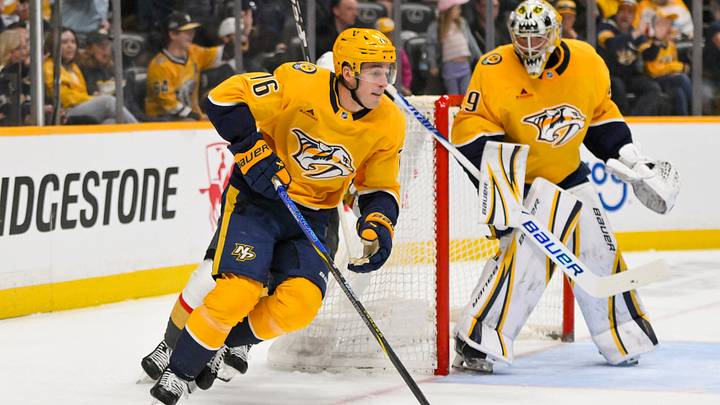 Mar 21, 2026; Nashville, Tennessee, USA;  Nashville Predators defenseman Brady Skjei (76) skates behind the net against the Vegas Golden Knights during the third period at Bridgestone Arena. Mandatory Credit: Steve Roberts-Imagn Images