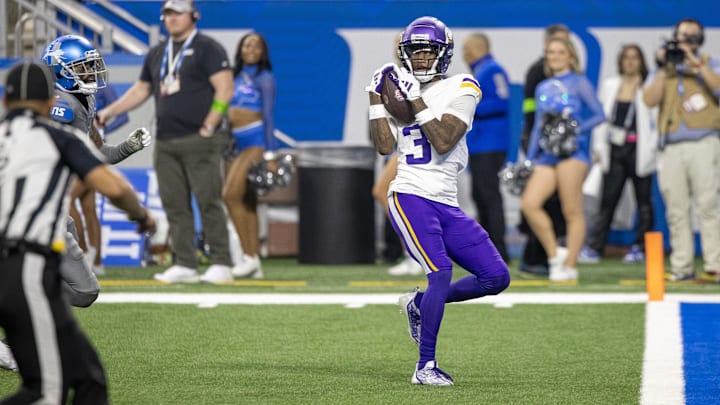 Jan 7, 2024; Detroit, Michigan, USA; Minnesota Vikings wide receiver Jordan Addison (3) catches a pass for a touchdown during second half of the game against the Detroit Lions at Ford Field. Mandatory Credit: David Reginek-Imagn Images