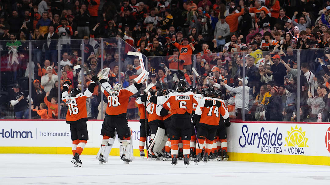 Apr 5, 2026; Philadelphia, Pennsylvania, USA; The Philadelphia Flyers celebrate after the game against the Boston Bruins at Xfinity Mobile Arena. Apr 5, 2026; Philadelphia, Pennsylvania, USA; The Philadelphia Flyers celebrate after the game against the Boston Bruins at Xfinity Mobile Arena.