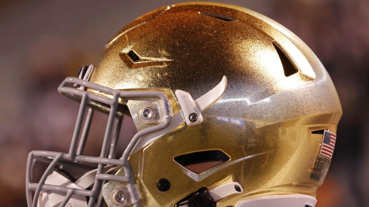 Nov 13, 2021; Charlottesville, Virginia, USA; A view of a Notre Dame Fighting Irish player's helmet on the sidelines against the Virginia Cavaliers at Scott Stadium. 