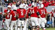 Nov 29, 2025; Raleigh, North Carolina, USA;  NC State Wolfpack huddles during the first half of the game against North Carolina Tar Heels at Carter-Finley Stadium.  Mandatory Credit: Jaylynn Nash-Imagn Images