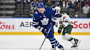 Oct 14, 2023; Toronto, Ontario, CAN;  Toronto Maple Leafs defenseman John Klingberg (3) pursues the play against the Minnesota Wild in the second period at Scotiabank Arena. Mandatory Credit: Dan Hamilton-Imagn Images