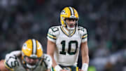 Jan 12, 2025; Philadelphia, Pennsylvania, USA; Green Bay Packers quarterback Jordan Love (10) plays against the Philadelphia Eagles in an NFC wild card game at Lincoln Financial Field. Mandatory Credit: Bill Streicher-Imagn Images