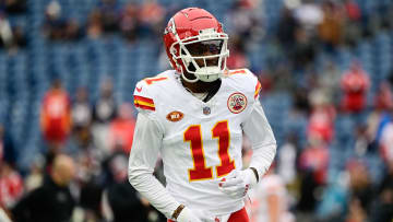 Dec 17, 2023; Foxborough, Massachusetts, USA; Kansas City Chiefs wide receiver Marquez Valdes-Scantling (11) warms up before against the New England Patriots a game at Gillette Stadium.
