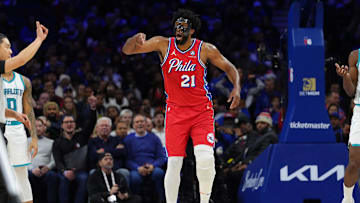 Dec 20, 2024; Philadelphia, Pennsylvania, USA; Philadelphia 76ers center Joel Embiid (21) reacts against the Charlotte Hornets in the second quarter at Wells Fargo Center. Mandatory Credit: Kyle Ross-Imagn Images