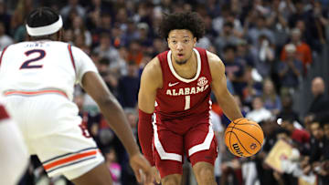 Mar 8, 2025; Auburn, Alabama, USA; Alabama Crimson Tide guard Mark Sears (1) runs a play against the Auburn Tigers during the first half at Neville Arena. Mandatory Credit: John Reed-Imagn Images