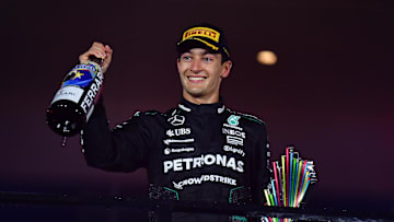 Nov 23, 2024; Las Vegas, Nevada, USA; Mercedes AMG Petronas driver George Russell (63) celebrates his race victory of the Las Vegas Grand Prix at Las Vegas Circuit. Mandatory Credit: Gary A. Vasquez-Imagn Images