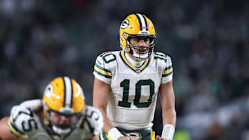 Jan 12, 2025; Philadelphia, Pennsylvania, USA; Green Bay Packers quarterback Jordan Love (10) plays against the Philadelphia Eagles in an NFC wild card game at Lincoln Financial Field. Mandatory Credit: Bill Streicher-Imagn Images