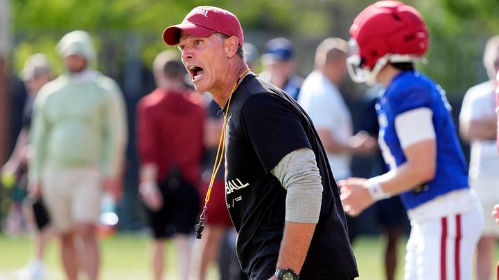 Oklahoma coach Brent Venables shouts during a Sooners football spring practice in Norman, Okla., Thursday, April 9, 2026.