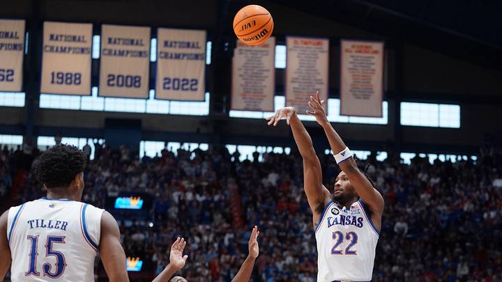 Kansas Jayhawks guard Darryn Peterson (22) fires a three point shot against BYU Cougars during the game inside Allen Fieldhouse on Jan. 31, 2026.