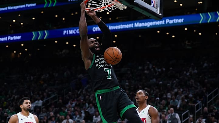 Nov 26, 2025; Boston, Massachusetts, USA;  Boston Celtics guard Jaylen Brown (7) makes the basket against the Detroit Pistons in the second half at TD Garden. Mandatory Credit: David Butler II-Imagn Images