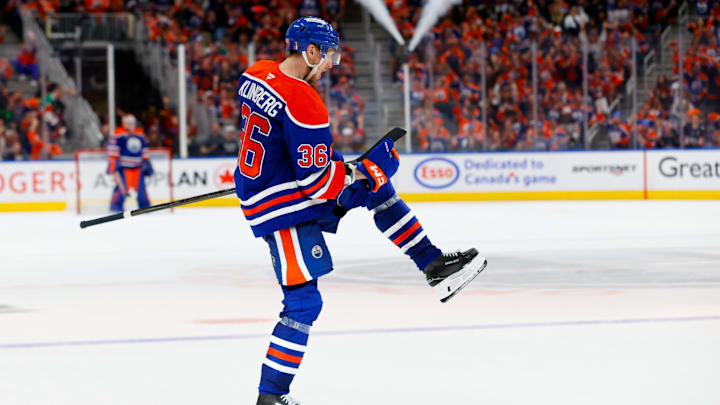 May 25, 2025; Edmonton, Alberta, CAN; Edmonton Oilers defenseman John Klingberg (36) celebrates after he scores a power play goal against the Dallas Stars during the third period in game three of the Western Conference Final of the 2025 Stanley Cup Playoffs at Rogers Place. Mandatory Credit: Perry Nelson-Imagn Images May 25, 2025; Edmonton, Alberta, CAN; Edmonton Oilers defenseman John Klingberg (36) celebrates after he scores a power play goal against the Dallas Stars during the third period in game three of the Western Conference Final of the 2025 Stanley Cup Playoffs at Rogers Place. Mandatory Credit: Perry Nelson-Imagn Images