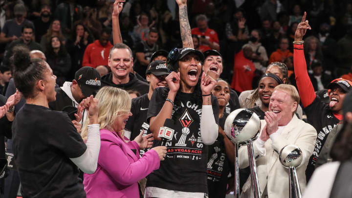 Oct 18, 2023; Brooklyn, New York, USA; The Las Vegas Aces celebrate after defeating the New York Liberty to win the 2023 WNBA Finals at Barclays Center. 
