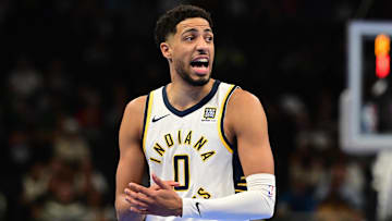 Nov 22, 2024; Milwaukee, Wisconsin, USA; Indiana Pacers guard Tyrese Haliburton (0) reacts in the second quarter against the Milwaukee Bucks at Fiserv Forum. Mandatory Credit: Benny Sieu-Imagn Images